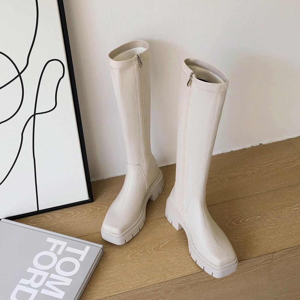 Beige below knee boots